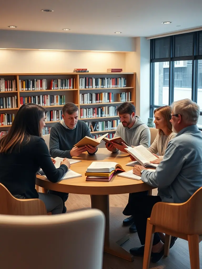 An image of adults attending a book club meeting at the library, discussing a novel with enthusiasm.