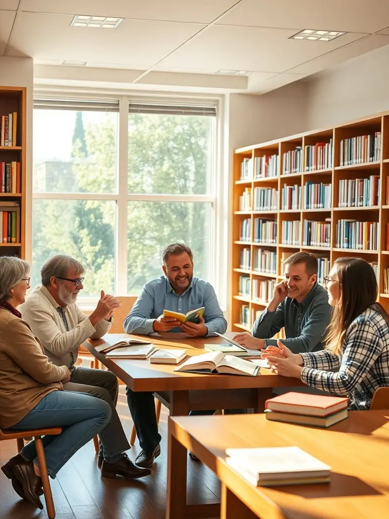 Adults participating in a book club discussion at Bibliothèque Saint Laurent de la Prée, highlighting the library's role as a community hub for lifelong learning.