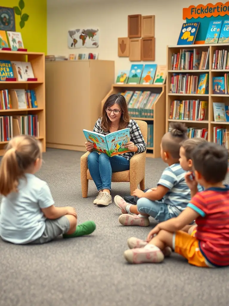 A group of children enthusiastically participating in a story time session at Bibliothèque Saint Laurent de la Prée, with a librarian reading aloud from a colorful picture book.