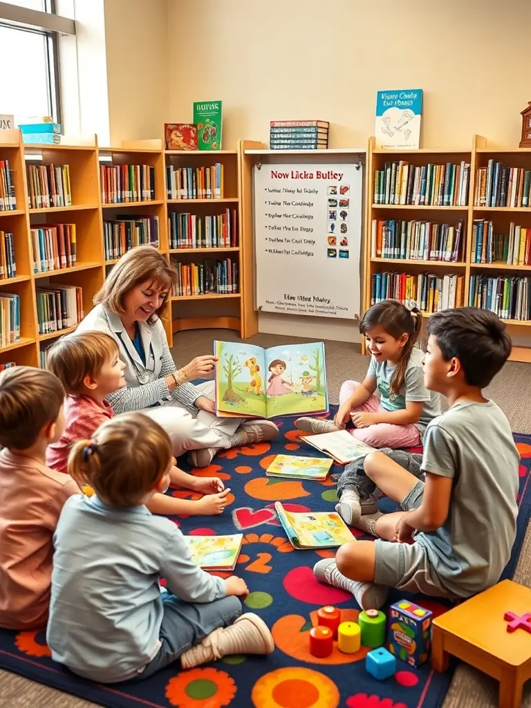 A group of children participating in a storytelling session at the library, with a librarian reading aloud from a colorful picture book, creating an engaging and interactive atmosphere.