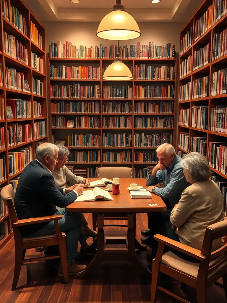 Adults attending a book club discussion in a cozy corner of the library, with books and refreshments on the table, promoting lifelong learning and social interaction.