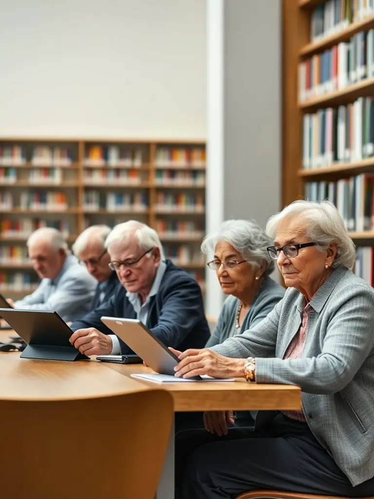 Seniors learning how to use tablets during a digital literacy class at Bibliothèque Saint Laurent de la Prée, emphasizing the library's commitment to inclusivity.