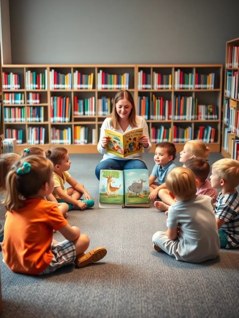 A group of children sitting in a circle, listening attentively to a librarian reading a storybook during a children's reading program at BIBLIOTHEQUE SAINT LAURENT DE LA PREE.