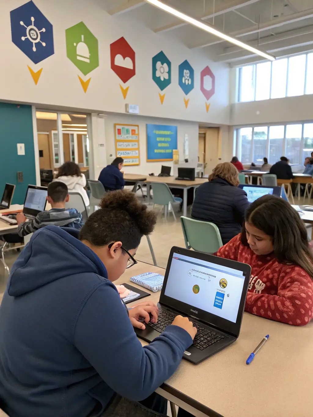 Teenagers working together on a coding project during a library workshop, surrounded by laptops and other tech equipment, showcasing the library's commitment to digital literacy.