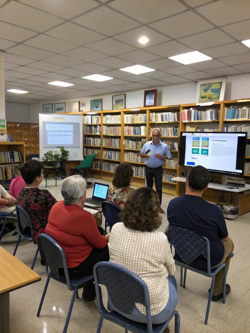 A workshop setting with participants learning a new skill, such as digital literacy or crafting, guided by an instructor at BIBLIOTHEQUE SAINT LAURENT DE LA PREE.