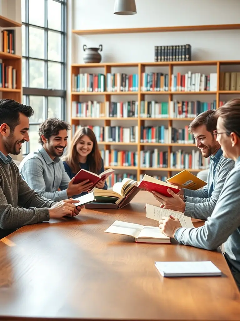 A diverse group of adults participating in a book club discussion, sharing their thoughts and interpretations of a selected novel at BIBLIOTHEQUE SAINT LAURENT DE LA PREE.