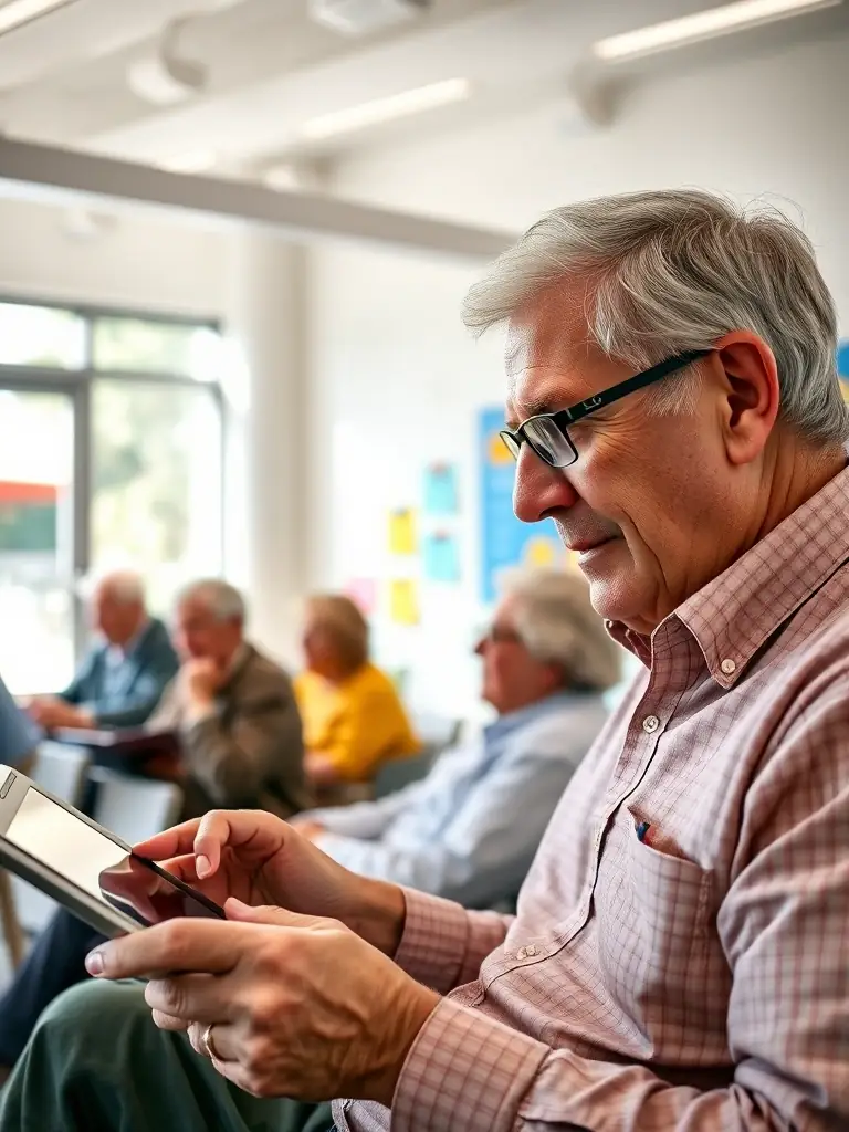 A picture of seniors participating in a digital literacy class at the library, learning how to use tablets and computers.