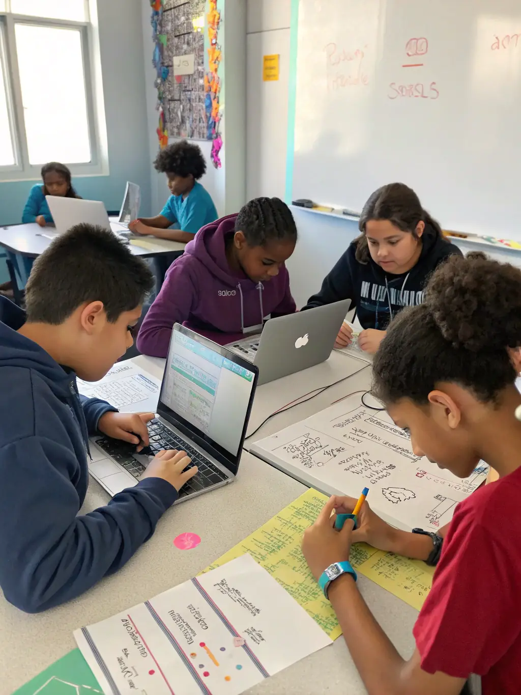 Teenagers working together on a coding project during a workshop at Bibliothèque Saint Laurent de la Prée, showcasing the library's commitment to digital literacy.