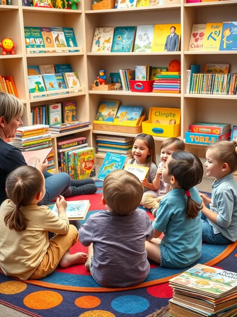 A vibrant image of children participating in a storytelling session at the library, with a librarian enthusiastically reading aloud.