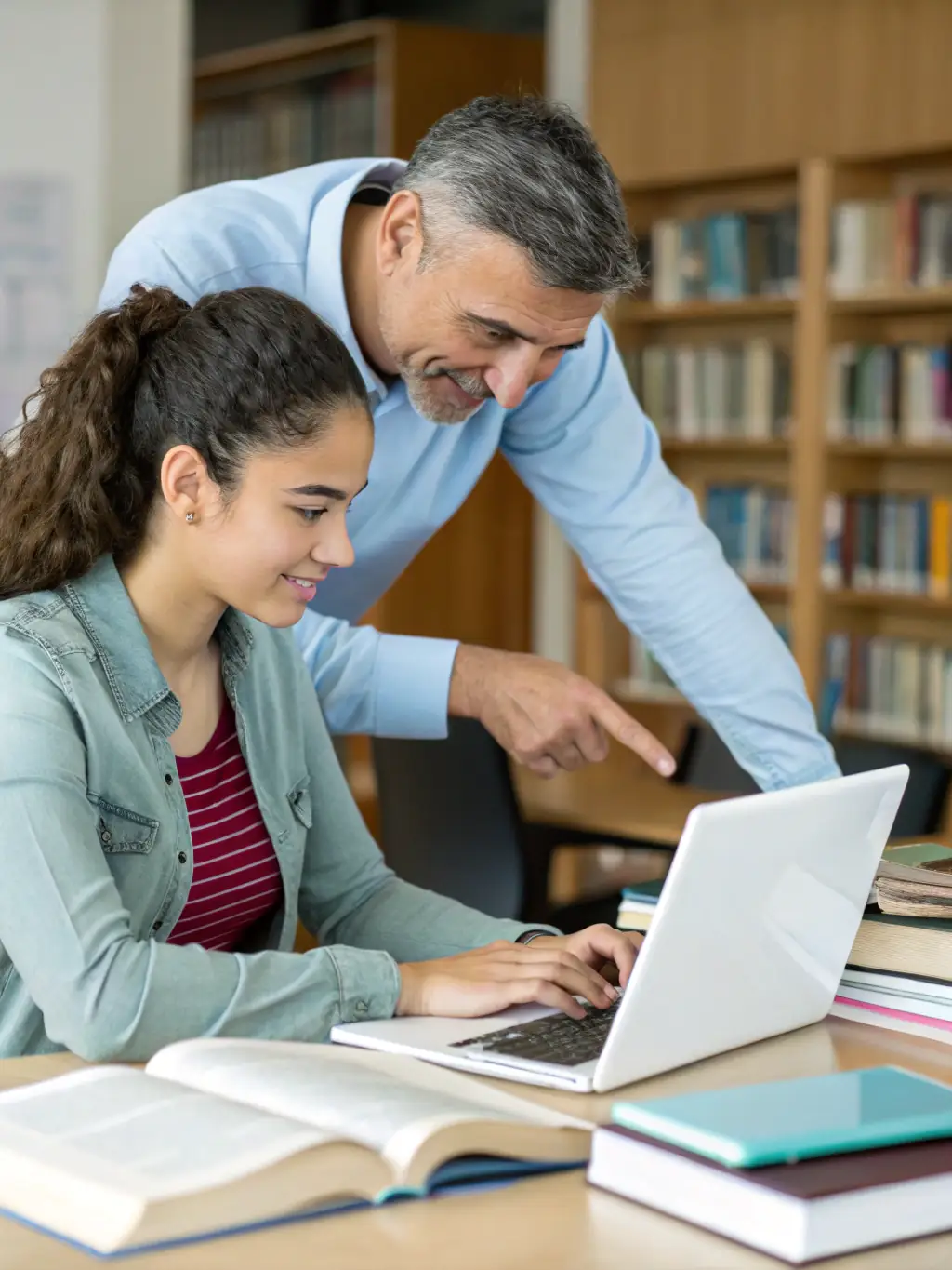 A senior citizen participating in a computer literacy class at the library, with a patient instructor guiding them through the basics of using a computer and the internet.